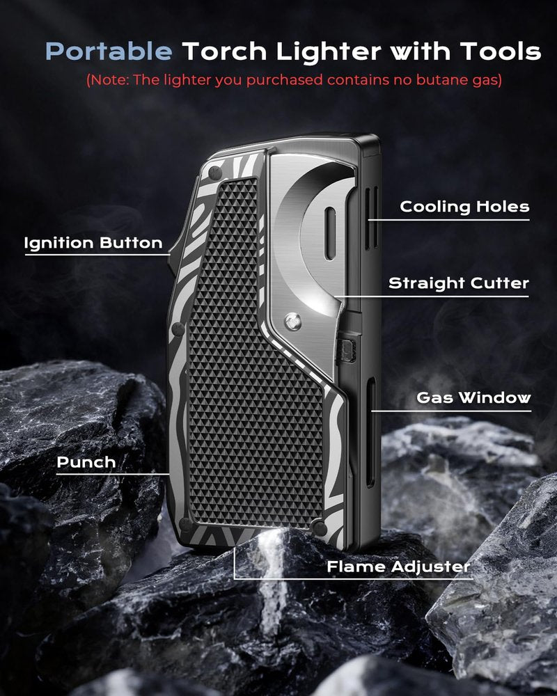 Torch Lighter with Straight Cutter and Holder, Dual Jet Windproof Butane Lighter, All in One Refillable Lighter with Built in Punch, Portable for Outdoor Travel, Gifts for Men