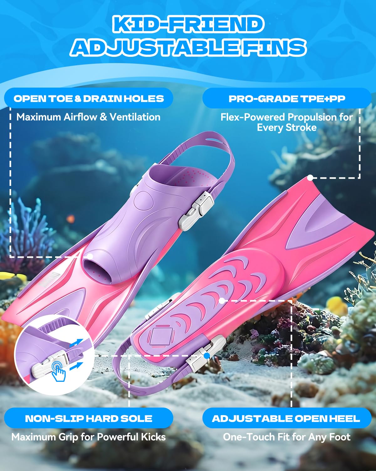 Aegend Snorkeling Gear Set for Kids - Anti-Fog Diving Mask, Adjustable Fins & Dry Snorkel, Full Snorkel Kit for Youth Swimming & Diving (Ages 5-15) (Purple, XS)