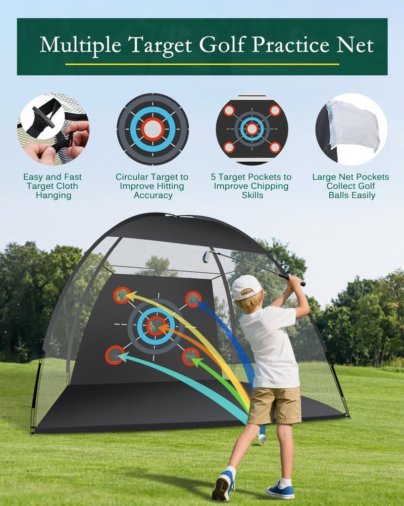 Golf Practice Net for Teens & Beginners – 10x7ft Backyard Golf Net with 5 Targets, Easy Setup for Kids & Family Training, Indoor & Outdoor Golf Hitting Net for Junior Golfers