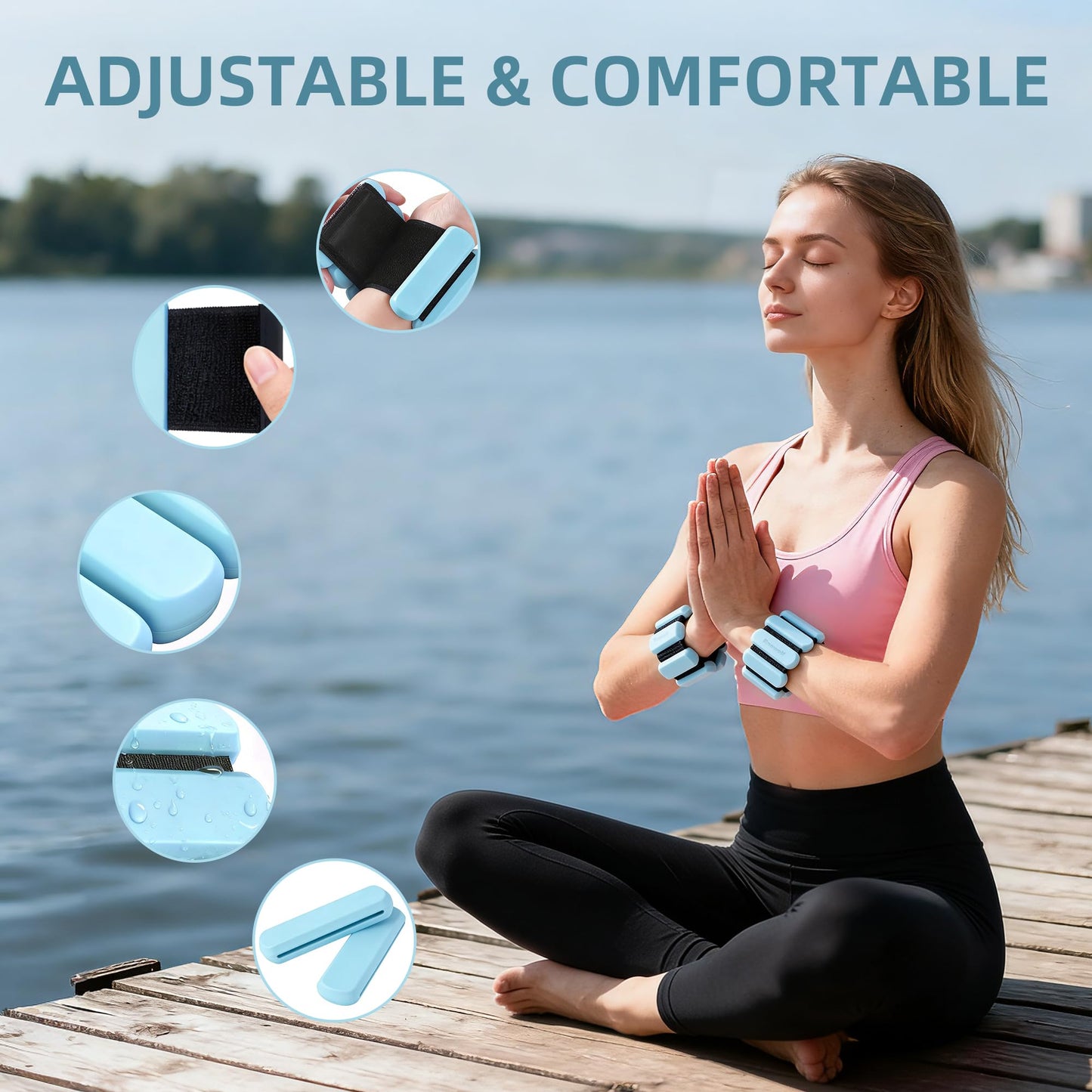 Rnnwolf Wrist Ankle Weights for Women Men 2lbs /Pair - Adjustable Arm Leg Pilates Weights Weighted Bangles Wristbands for Gym, Yoga, Strength Training Fitness Workout (Blue)