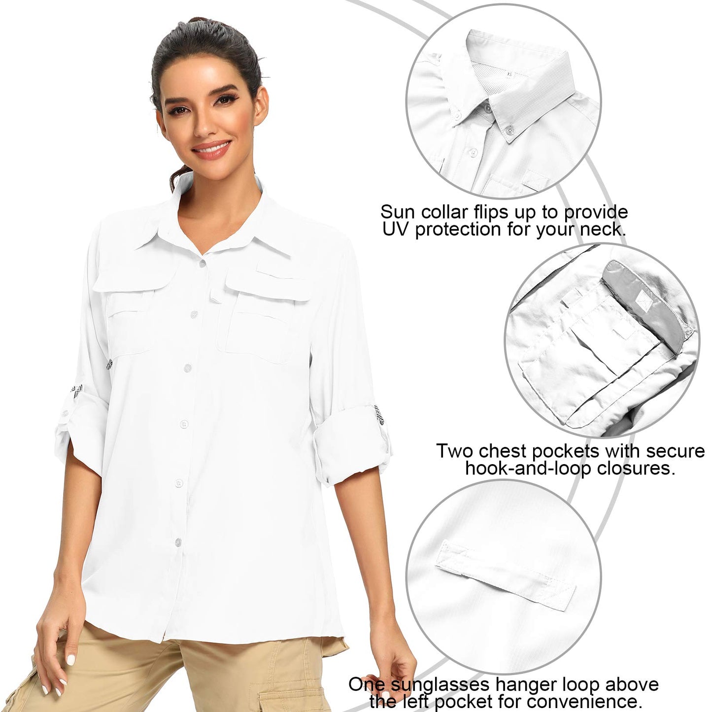 Jessie Kidden Womens Safari Shirts Sun Protection Sun Clothes for Women Outdoor Quick Dry Fishing Hiking Gardening Shirts (5055 White M)