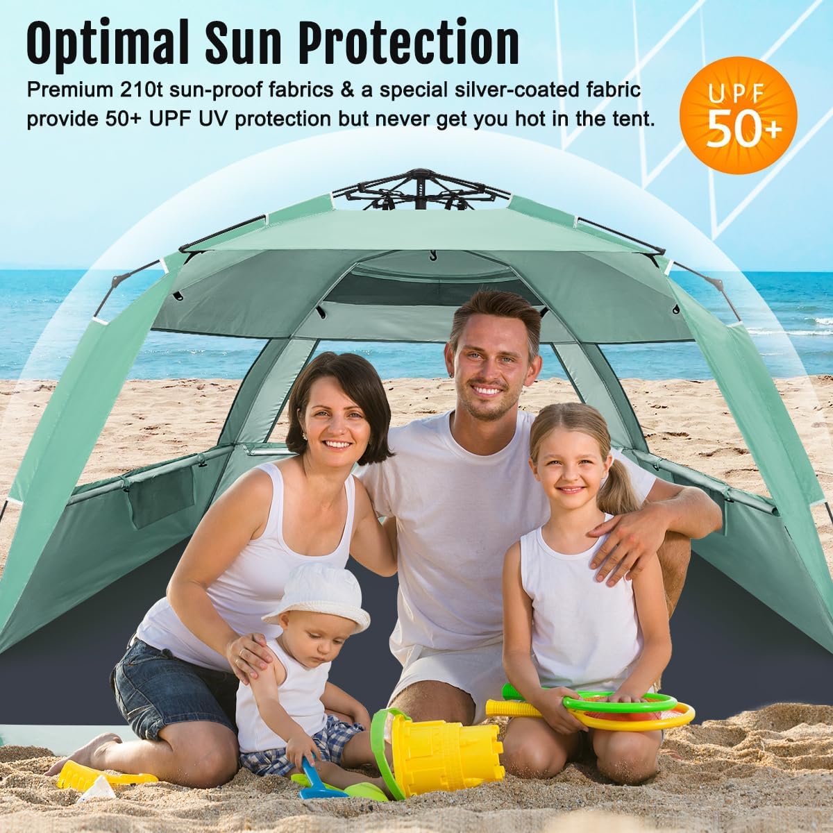 WhiteFang Deluxe Beach Tent - UV Protection Sun Shade Shelter for 3-6 People | Extendable Floor, 3 Windows, Carrying Bag Included