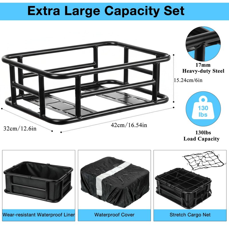 Bike Basket Rear - Large Capacity Heavy Duty Bicycle Basket with Liner,Cargo Net,Waterproof Cover - Ebike Accessories for Adult Bikes,Electric Bike,Carrying Grocery,Ball,Dog