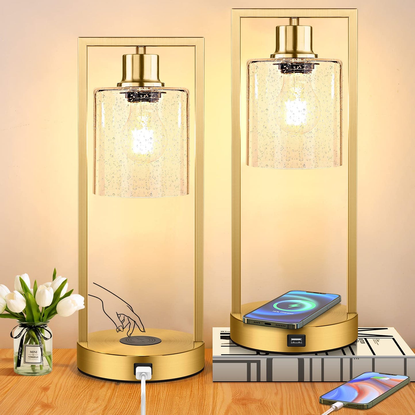 Gold Wireless Charging Lamps for Bedrooms Set of 2, Bedside Touch Table Lamps 3-Way Dimmable, Bubble Glass Lamp Sets for Living Room Nightstands End Tables Office, USB Port, E26 LED Bulbs Covered