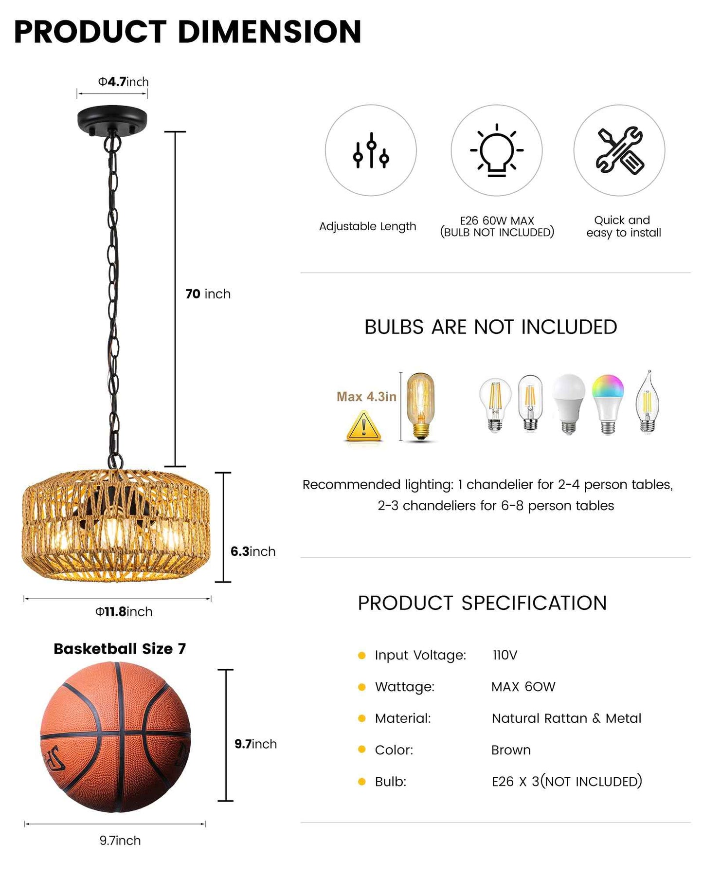 Boho Rattan Chandelier, 3-Lights Farmhouse Hanging Pendant Light, 11.8" Rustic Wicker Woven Chandeliers for Living Room, Kitchen Island(No E26 Bulbs, Not Exceeding 4.3")
