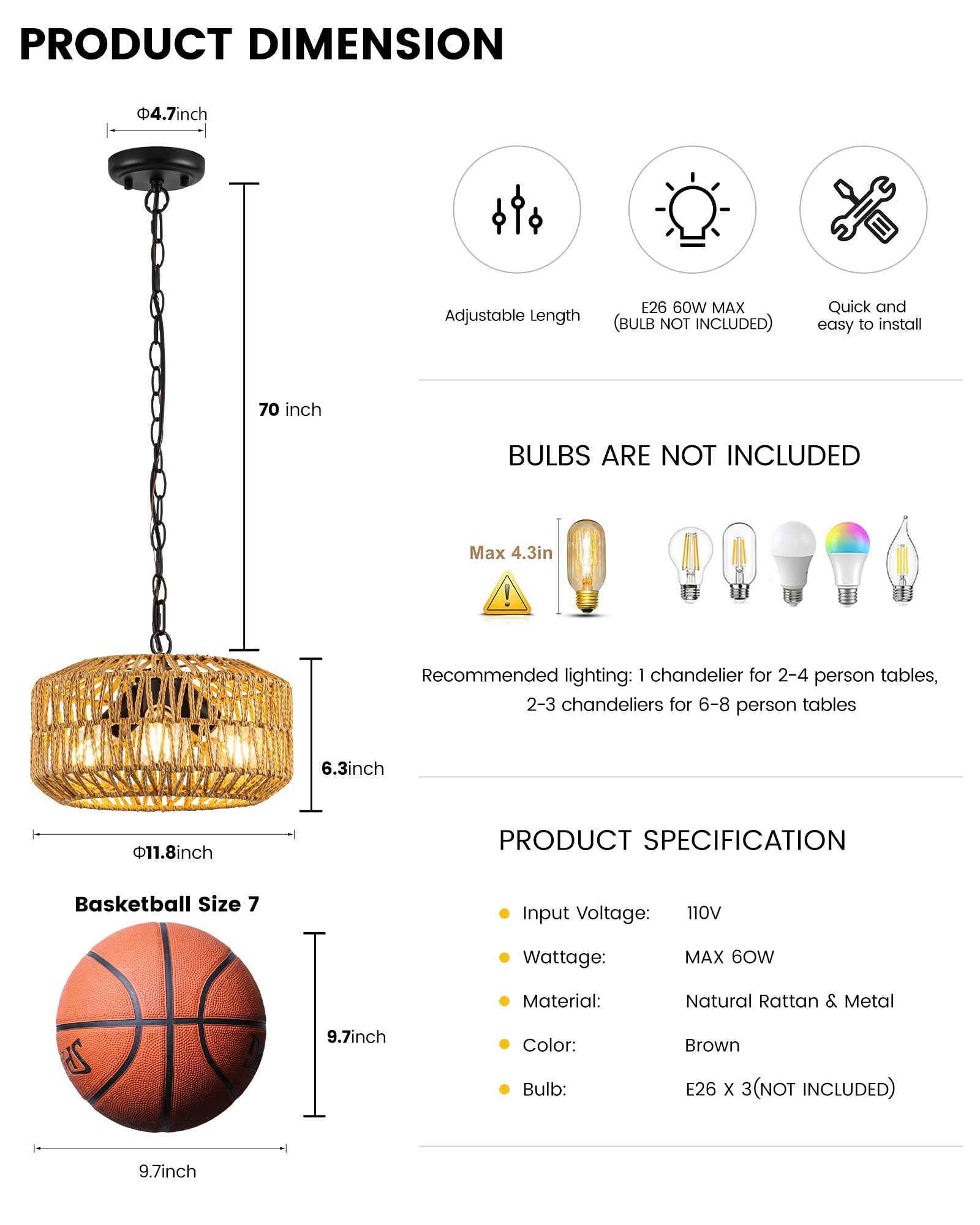 Boho Rattan Chandelier, 3-Lights Farmhouse Hanging Pendant Light, 11.8" Rustic Wicker Woven Chandeliers for Living Room, Kitchen Island(No E26 Bulbs, Not Exceeding 4.3")