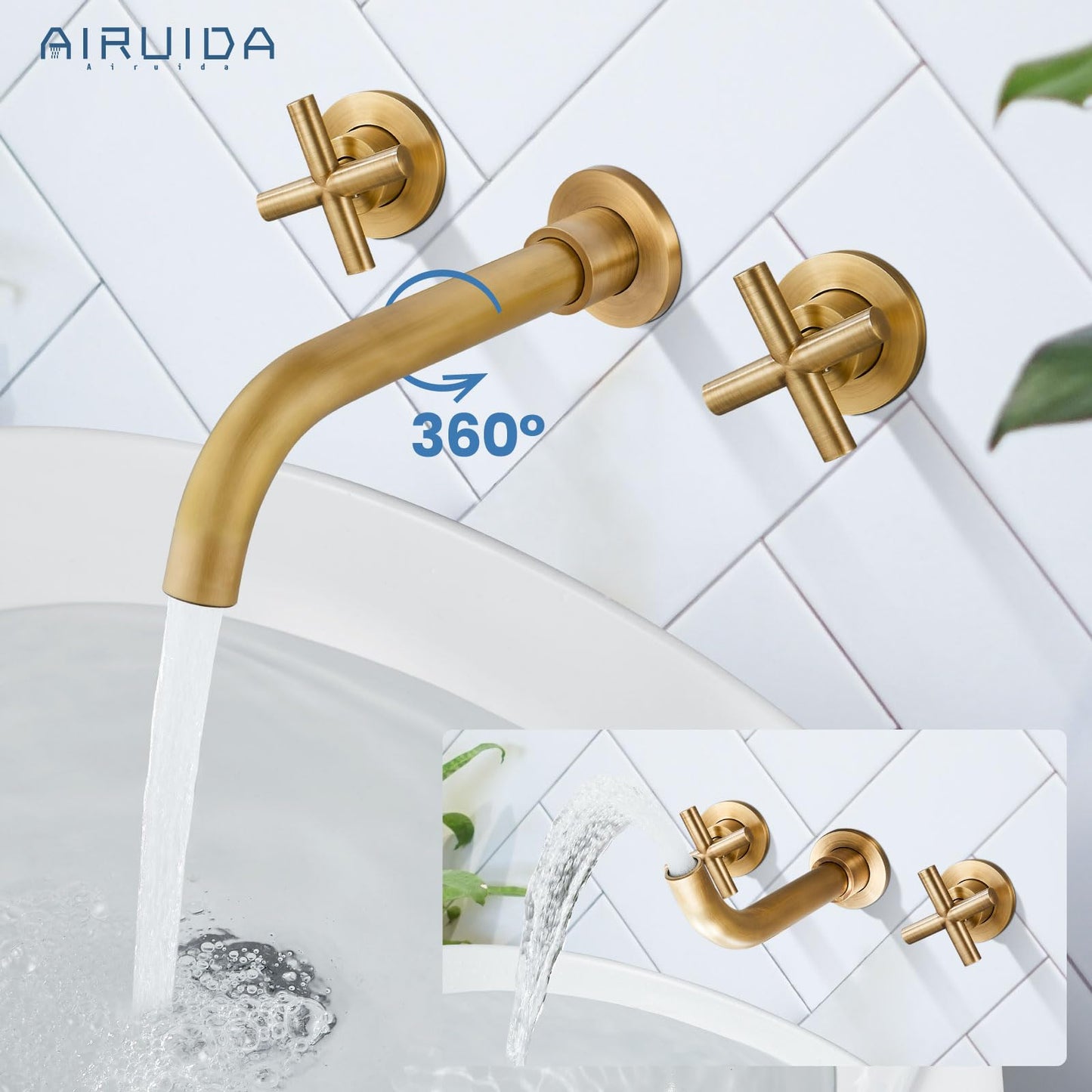 Airuida Solid Brass Widespread Wall Mount Bathroom Faucet with 360 Swivel Spout Wall Mounted Lavatory Faucet Vanity Sink Mixer Tap with Rough in Valve and Double Cross Handles Antique Brass