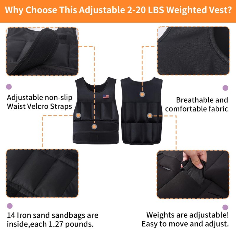 Wolliwa Adjustable Weighted Vest for Men Women,2-20 Lbs Adjustable Weights Weighted Vest with Straps Running Weight Vest Walking Strength Training Fitness,Black,14 PCS Sandbags,Each 1.27 Lbs