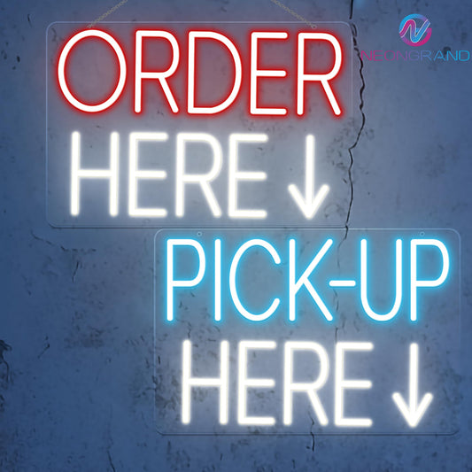 2 Pack Order Here Sign and Pick up Here Sign Led light neon light order here pick up here signs for food truck signs shop signs restaurant sign perfect pick up sign shop neon sign pick up (Red, Ice Blue, and White, 12x8")