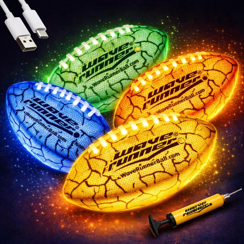 Wave Runner Glow In The Dark LED Football - Waterproof Rechargeable Junior Size Light Up Toy for All Ages
