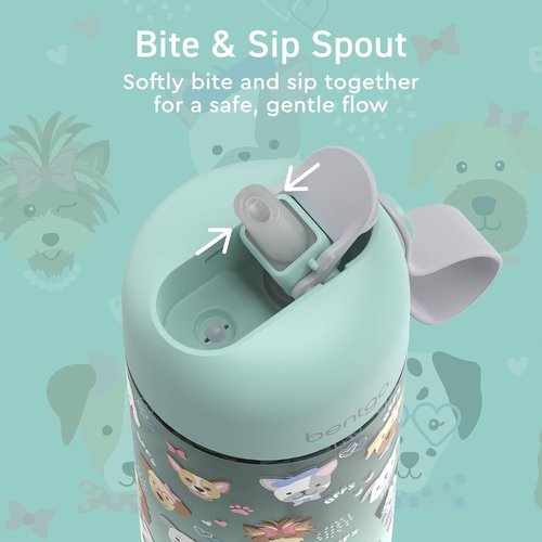 Bentgo Kids Water Bottle - Leak-Proof, Durable Tritan BPA-Free 15 oz Cup for Kids/Toddlers Ages 3+; Bite & Sip Spout, Carrying Handle & Dishwasher Safe for School, Sports, Daycare & Camp (Puppy Love)