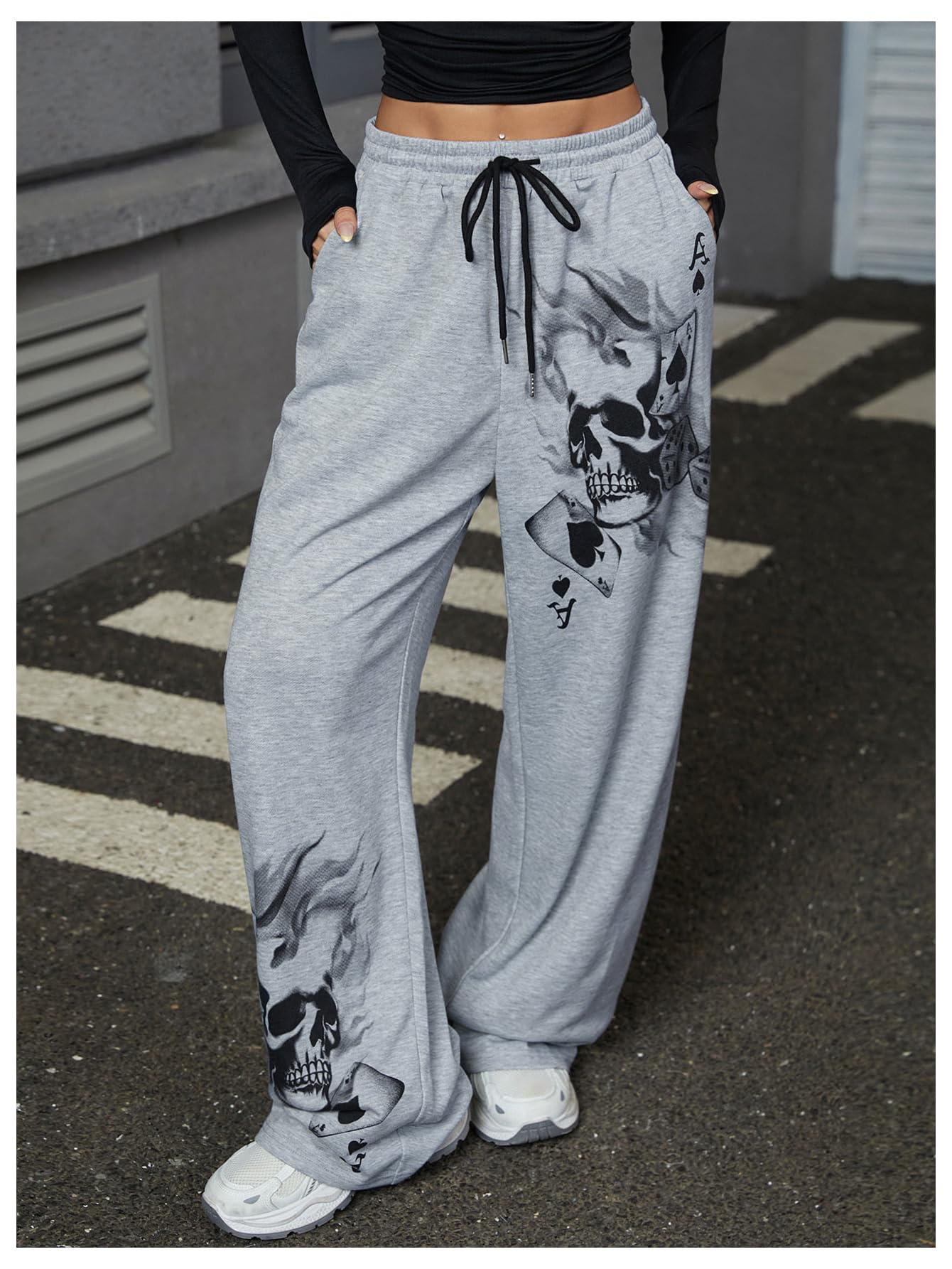 SOLY HUX Women's Y2k Sweatpants Drawstring Waist Wide Leg Gothic Grunge Pants Streetwear Grey Graphic Small