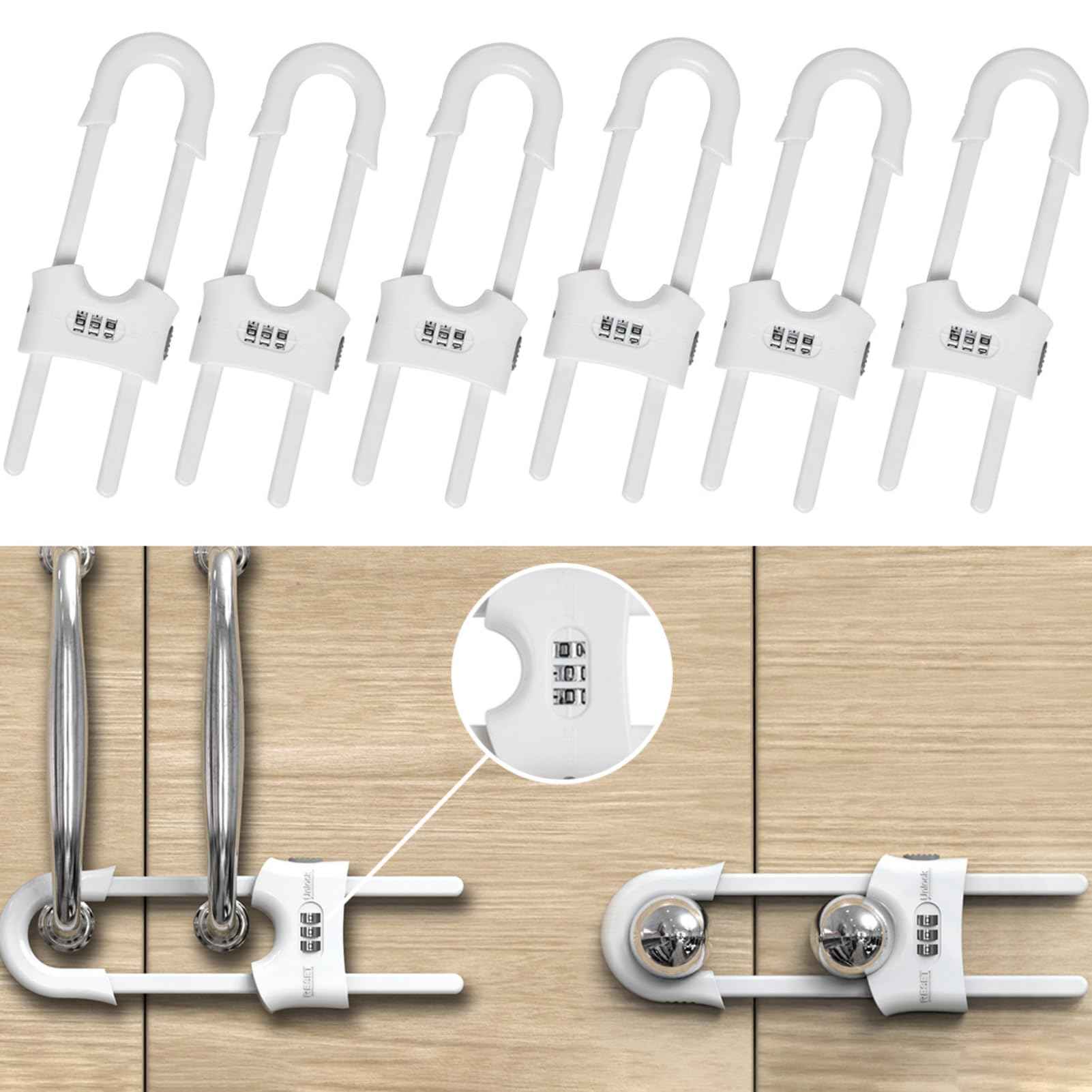 FIGEPO 6 Pack Child Proof U-Shaped Code Sliding Cabinet Door Locks Adjustable Baby Safety Plastic Cupboard Cabinet Latches Set for Knob Handle Drawers Closet White