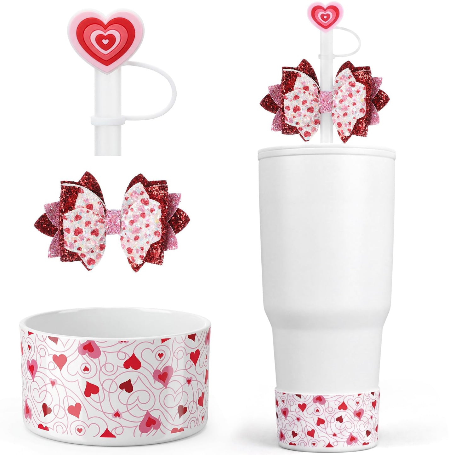 Yungyan 3 Pcs Mother's Day Cup Accessories Set Cup Accessories Heart Straw Cover Glitter Straw Bow Silicone Boot Mother's Gifts Women Gift Love Heart Tumbler Decorations