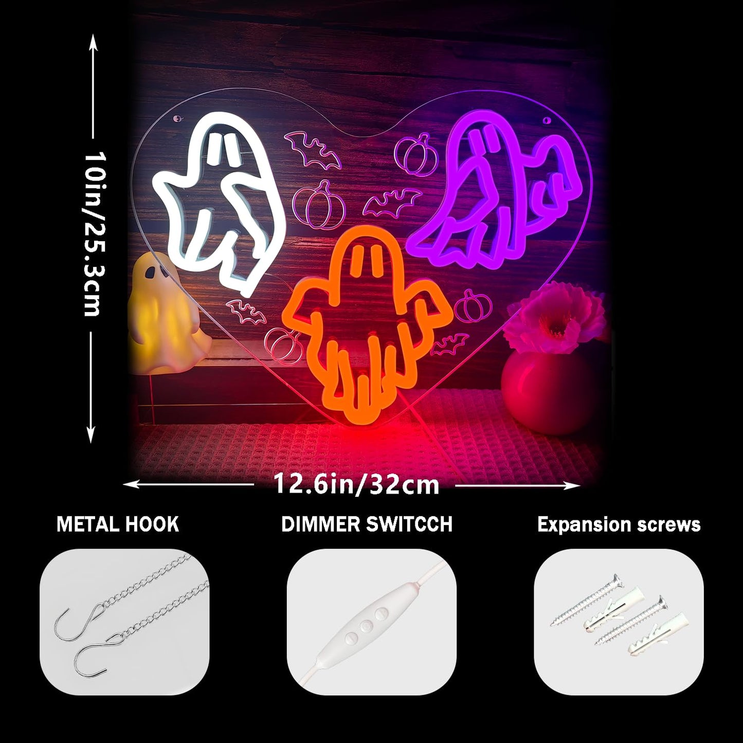 Halloween Neon Nign Ghost Neon Sign for Wall Decor Dimmable Halloween Led Sign Halloween Neon Light Up Sign for Bedroom Kids Room Living Room Halloween Decor
