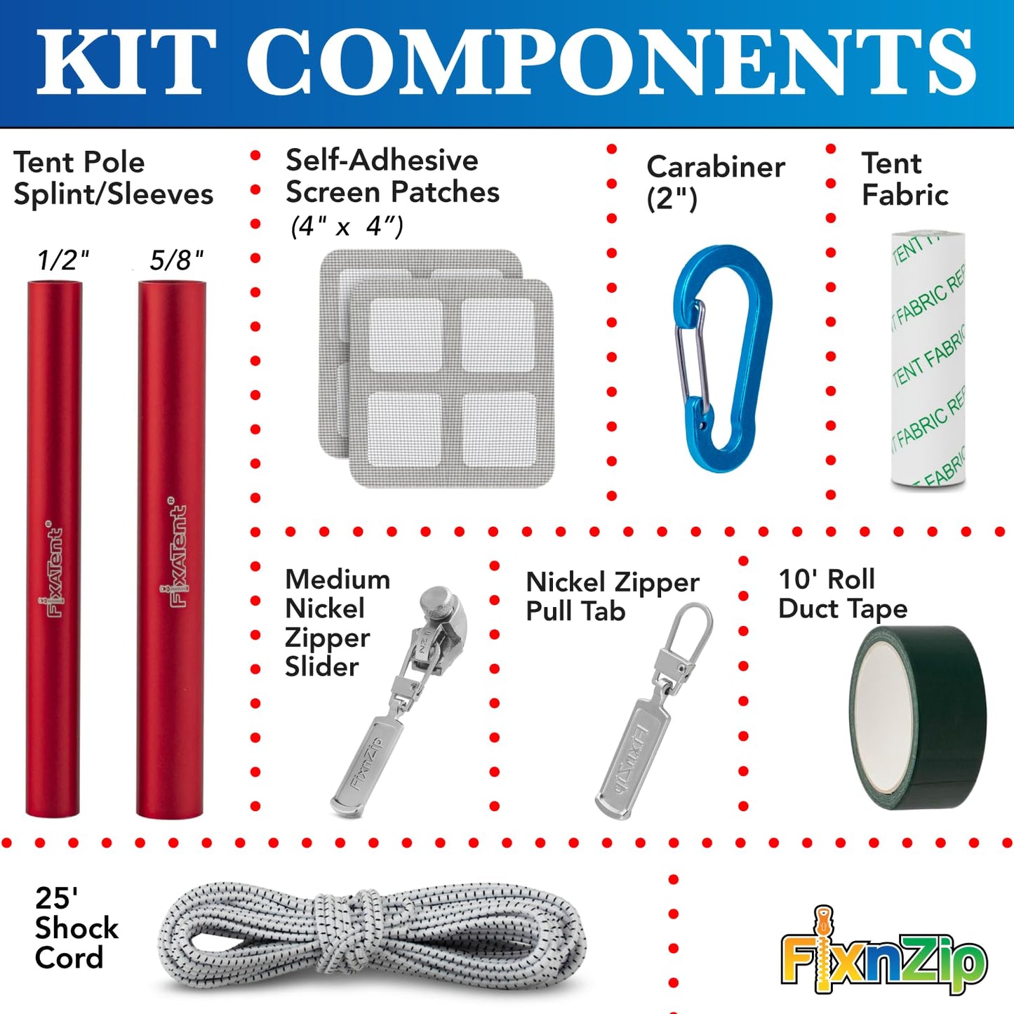 FixnZip FixATent Essentials | Complete Tent Repair Kit with Zipper Slider, Pole Splints, Shock Cord, Screen Patches, Duct Tape & Carabiner | All-in-One Camping Gear Repair & Emergency Tent Fix Kit