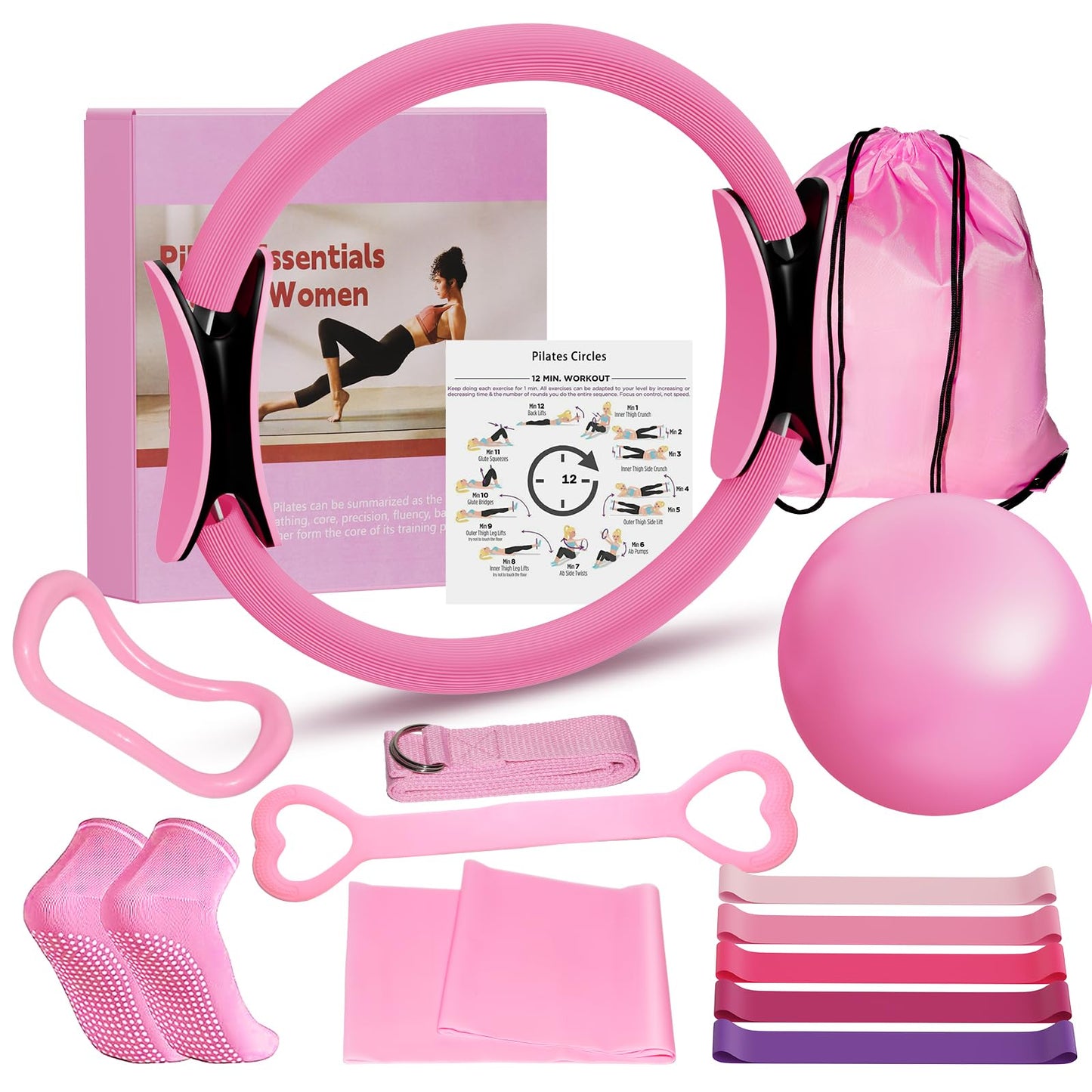 Home Pilates Kit for Women - 12 inch Pilates Ring, 9 inch Ball & Resistance Bands Set, Complete Pilates Equipment with Figure 8 Band, Hip Belt & Accessories for Beginners' Home Workouts