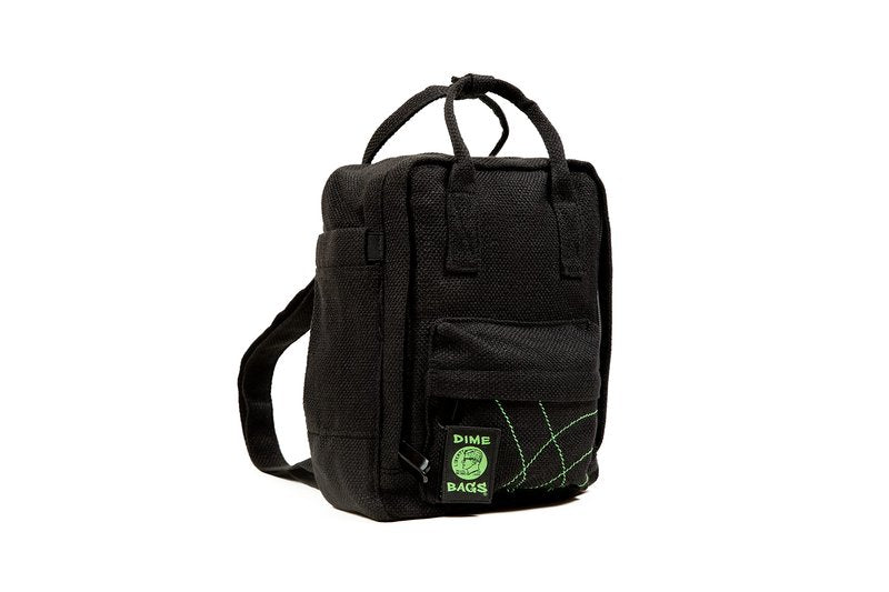 DIME BAGS Mini Backpack, Compact Lightweight Everyday Travel Bag with 7 Pockets, Durable Hempster Material, Adjustable Straps & Top Handle, Water Bottle Holders & Interchangeable Patch (Black)