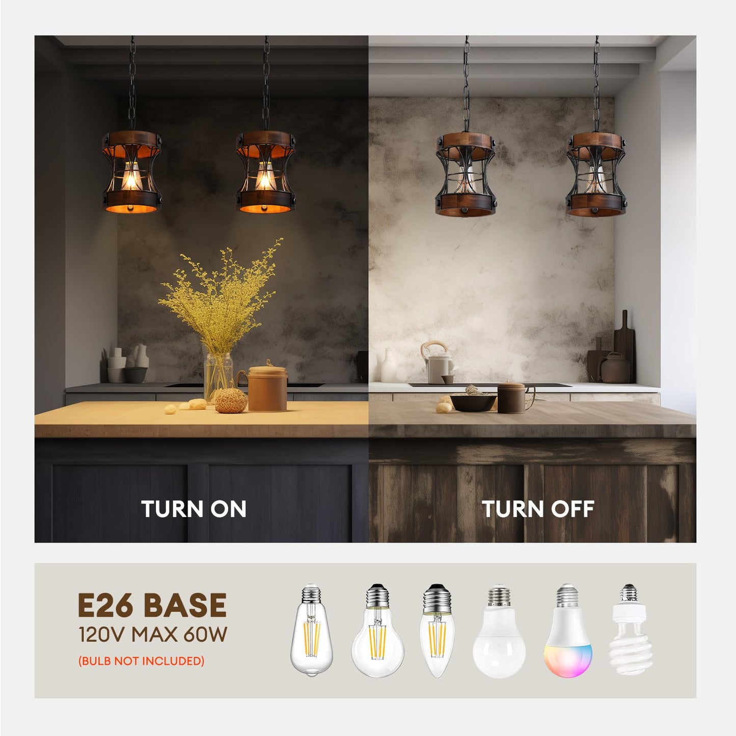 Rustic Chandelier, Modern Farmhouse Chandeliers for Dining Room, Wood Pendant Lights for Kitchen Island Foyer Hallway Bar, 1-Light Retro Rustic Light Fixtures for All Ceilings D 7.5" x H 8.8"