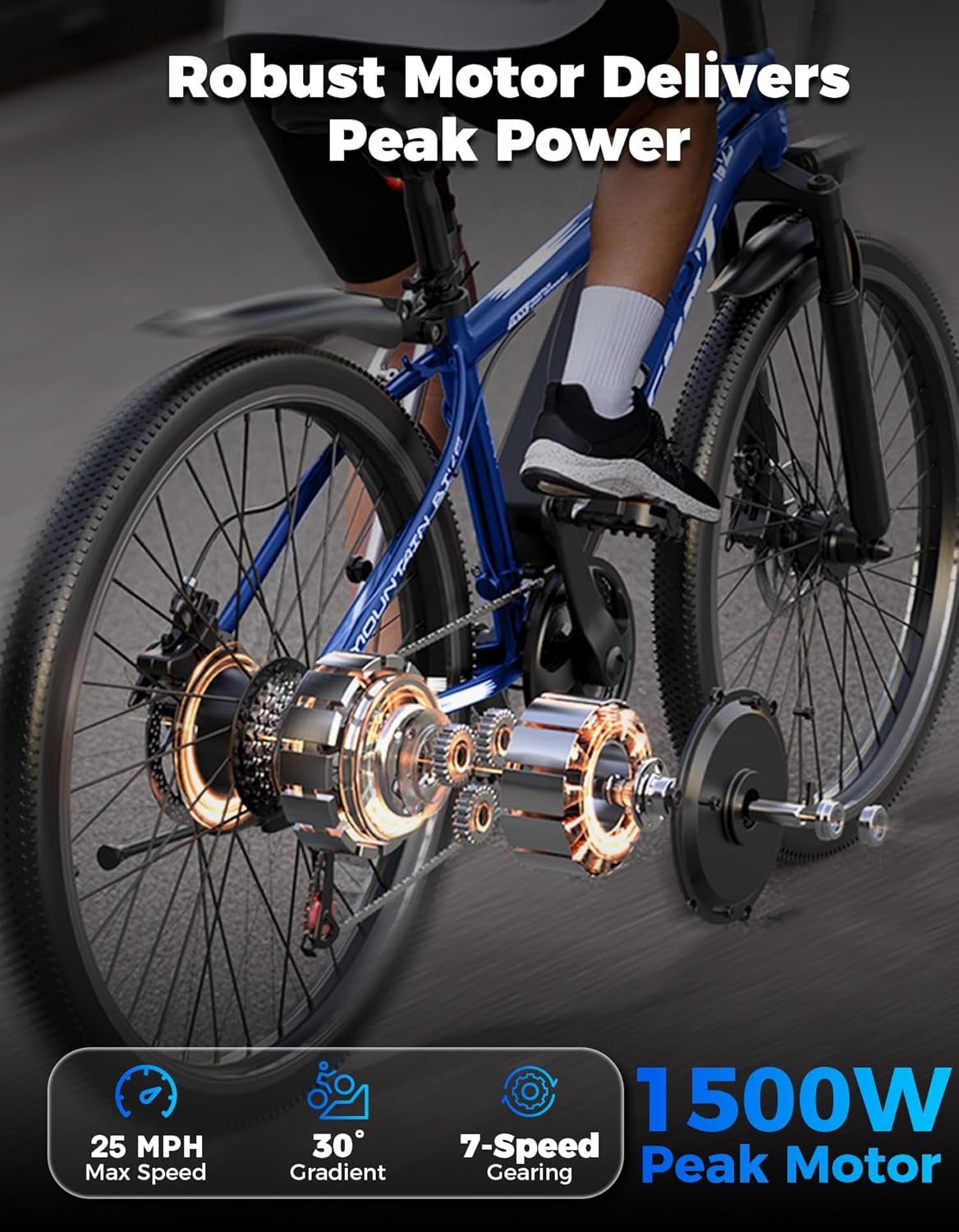 Misodo Electric Bike - 1500W Peak Mountain Ebike with 25 MPH Speed | 65 Miles Range, 7 Speeds, 48V 10Ah Battery, 26" Wheel