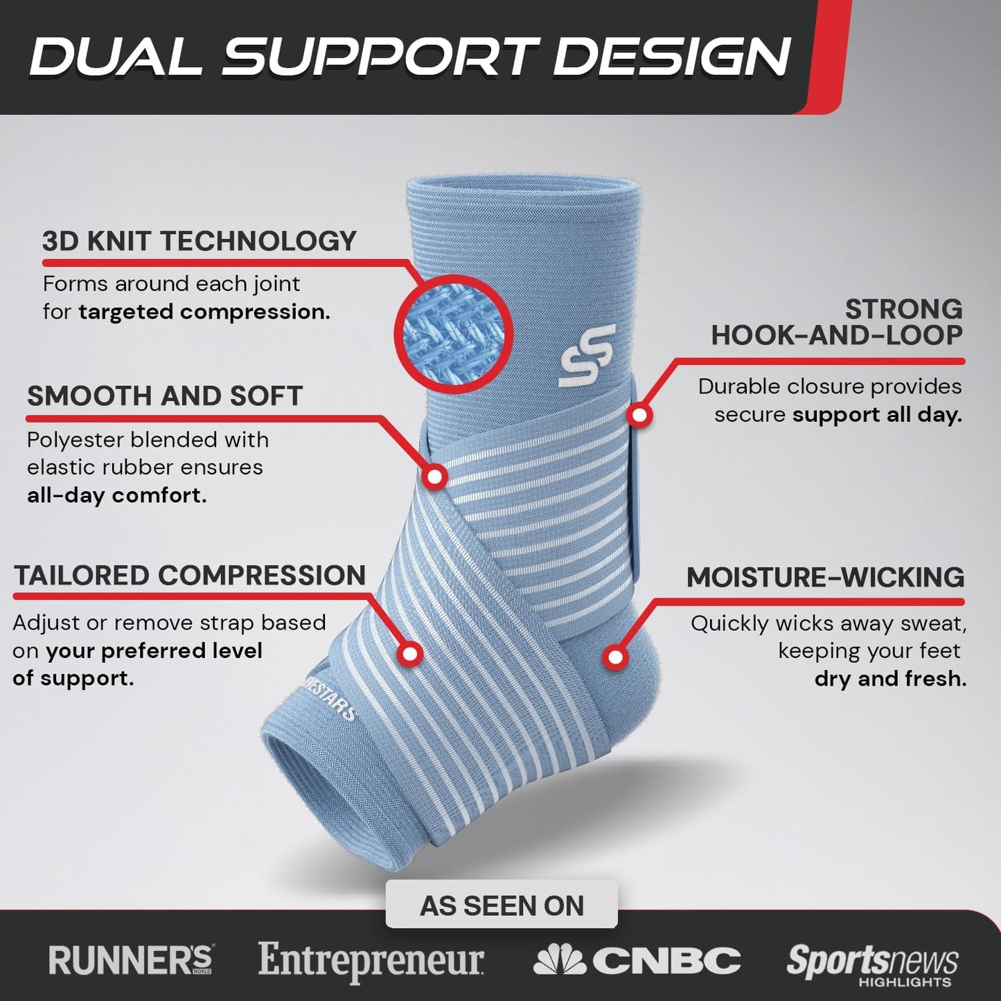Sleeve Stars Ankle Brace - Compression Support for Sprained Ankles & Plantar Fasciitis | Light Blue, Size L (12"-13")