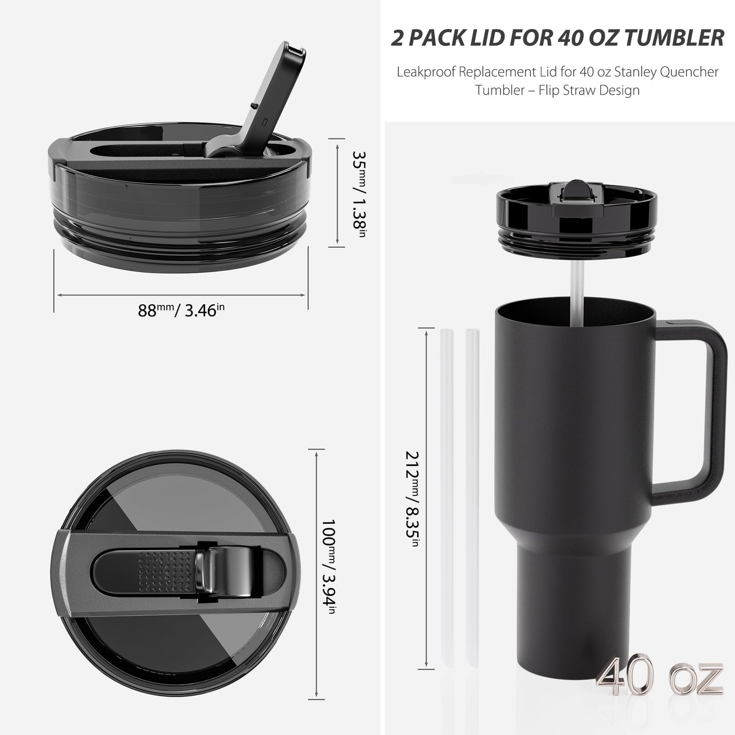 CeleVista 2 Pack 40 oz Flip Straw Lid for STANLEY Quencher ProTour and H2.0 FlowState Tumbler(Only for STANLEY Tumbler), Leakproof Lid, No Spill & Easy to Use Reusable Cover (Black)