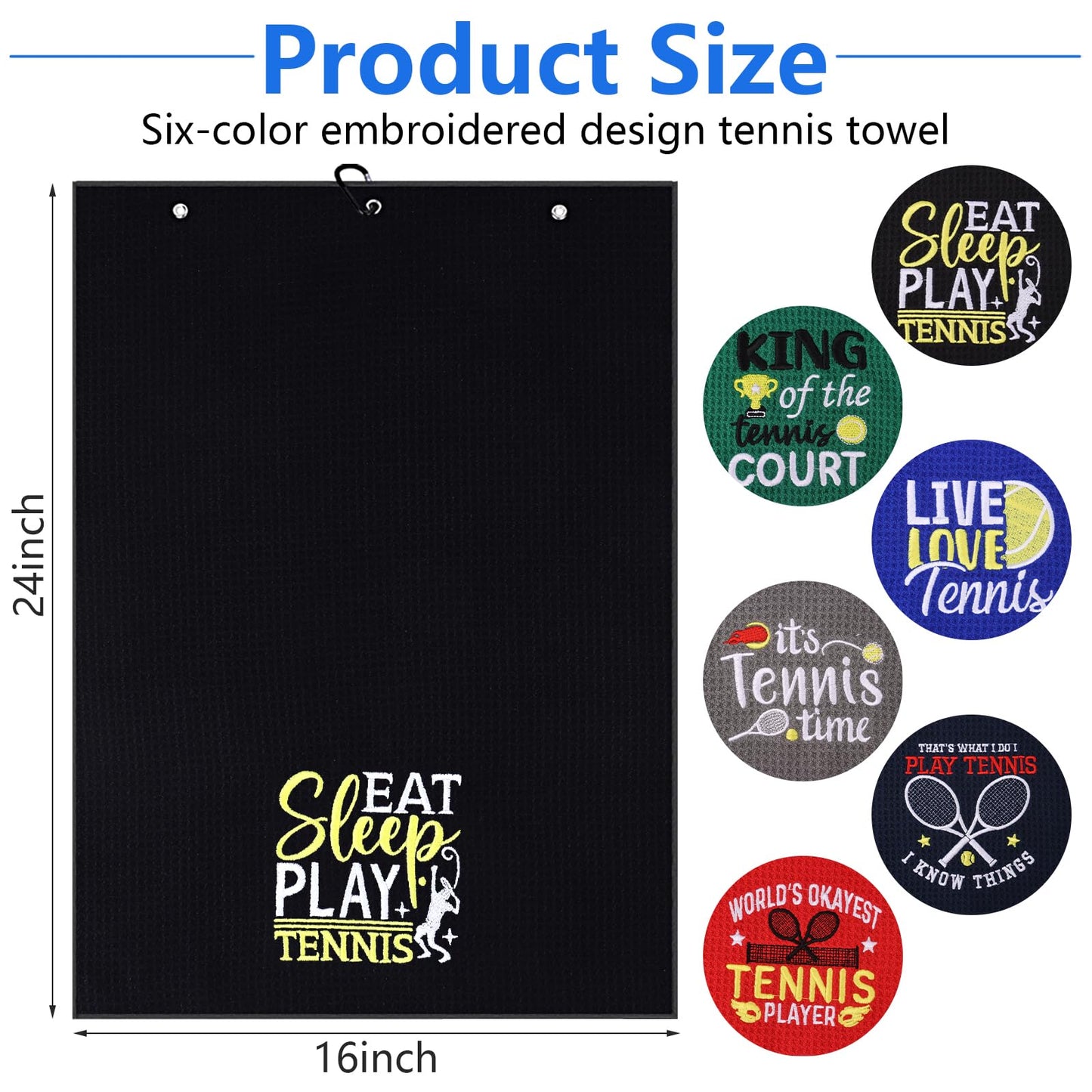 DAVAXI 6 Pcs Tennis Towel 16 x 24 Inch Funny Soft Embroidered Towels Hand Towel with Carabiner Clip Player Towels Tennis Gifts for Men Women Team Sports Court Accessories Gift