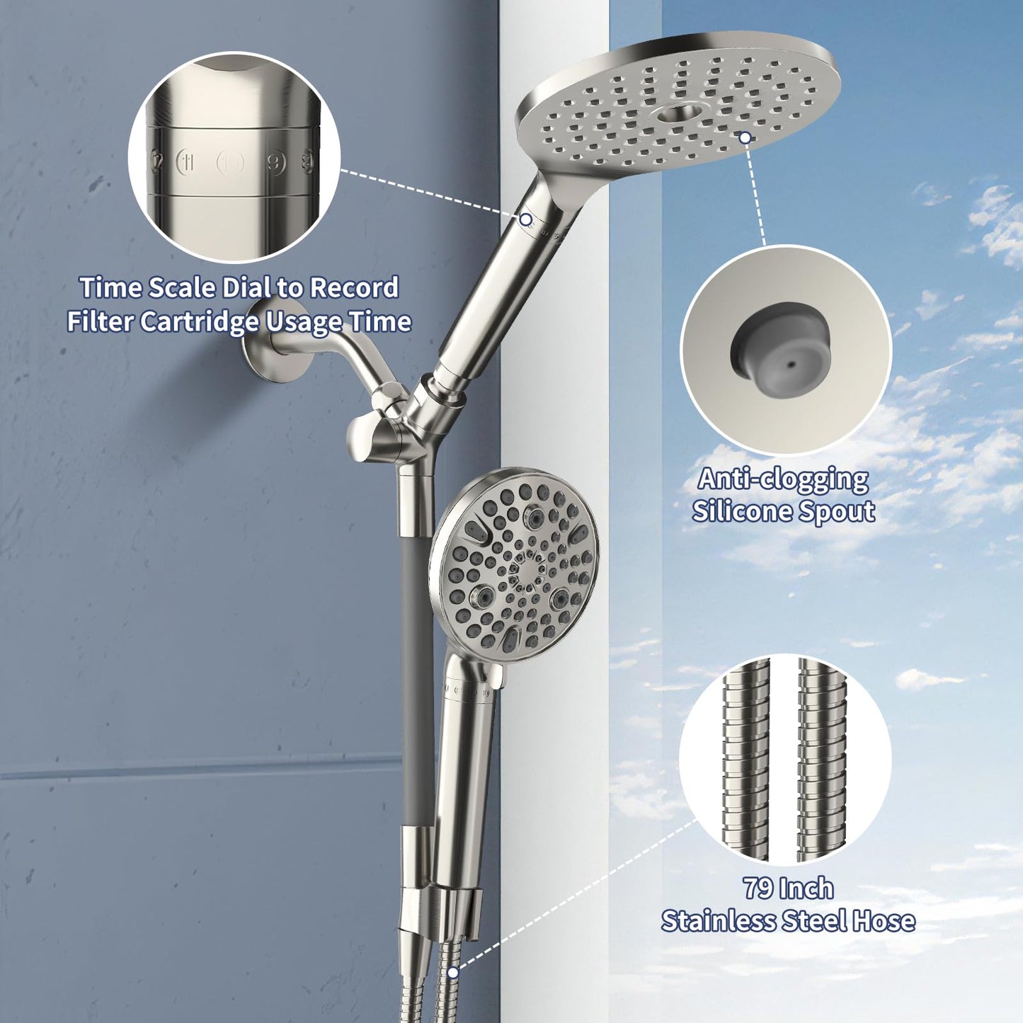 HANLIAN Filtration Shower Heads with Handheld Spray Combo, High Pressure Rainfall Shower Head with Handheld Combo, Filtered Dual Shower Head with Hand Held, Double Shower Heads (Brushed Nickel)