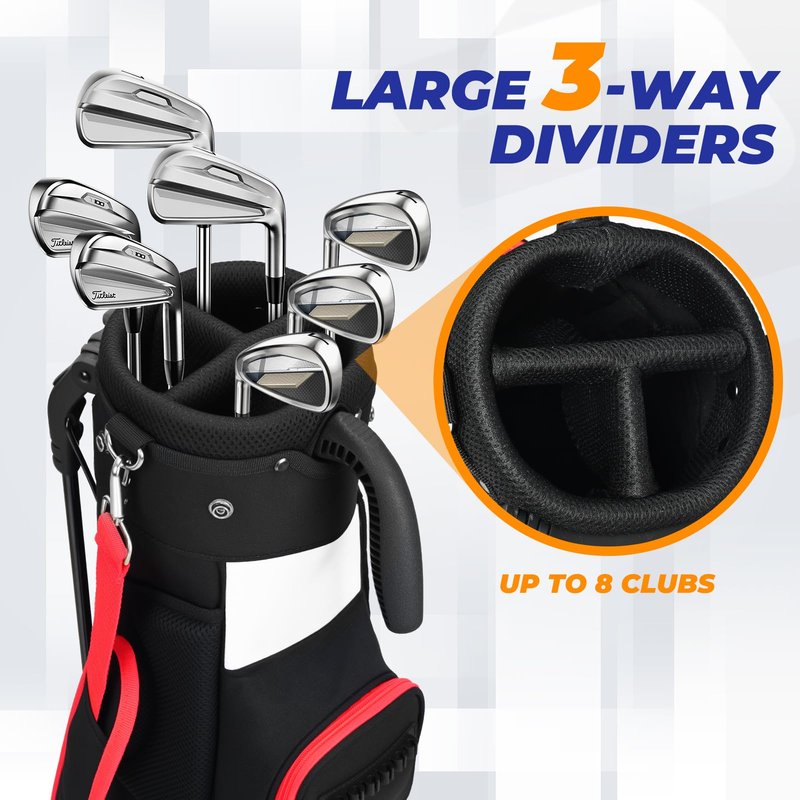 Sturdum Golf Stand Bag, Lightweight Par 3 Golf Bag with 3 Way Dividers Fits Up to 8 Clubs, 3.7lbs Compact Yet Spacious Pitch N Putt for Driving Range, Cooler Pockets, Black