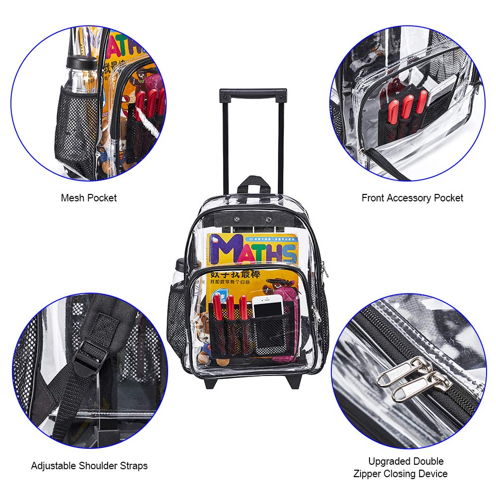 Clearworld Rolling Clear Backpack, Heavy Duty Cold-Resistant Security Transparent PVC Backpack with Wheels (Black)