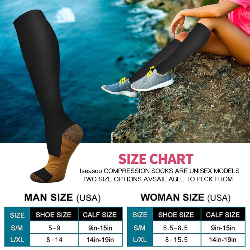 Iseasoo Copper Compression Socks (15-20 mmHg) for Men & Women - Running, Hiking, Cycling, Travel - Improves Circulation（S/M）