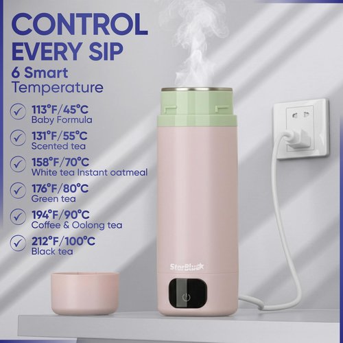 StarBlue Portable Travel Kettle Pink, 350ml, Water Kettle Electric with Global Voltage, 6 Temperature Modes, ℃/℉ Switchable Display, Compact Water Boiler for Home and Office 100-240V 50-60Hz 250-300W