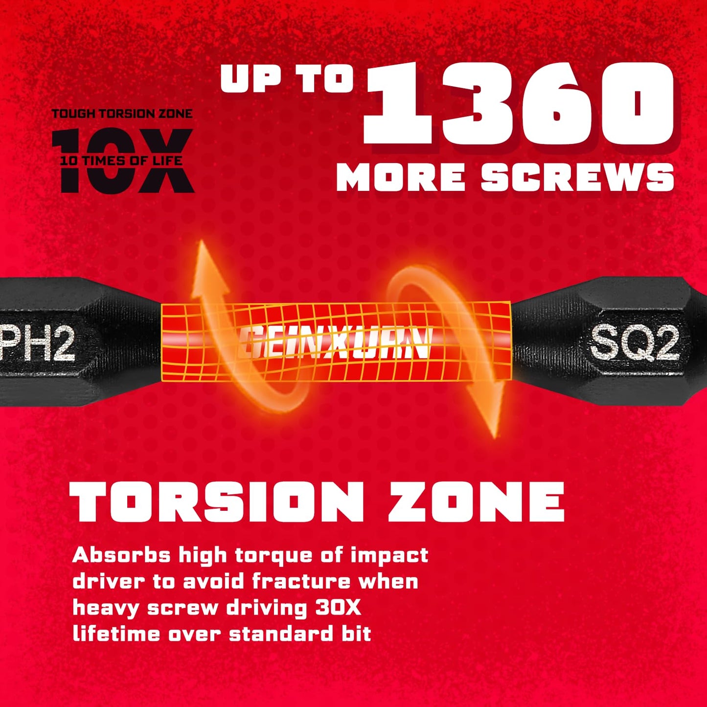 Geinxurn 10Pcs PH2-SQ2 Impact Double End Screwdriver Bit Set, 2.56 in. #2 Phillips /#2 Square Power Driver Bits, Magnetic S2 Steel Two Sides Screwdriver Bits Set with Storage M-Box