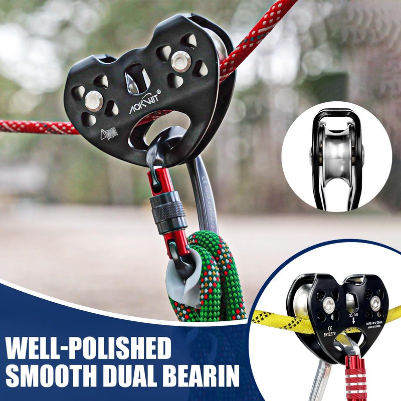 Zip Line Pulley 8-13mm Climbing Pulley Cable Rope Durable Aluminum Stainless Steel Roller Double Tandem Speed Dual Pulley 25KN for Backyard Zipline Hauling Rigging Mountaineering Rescue Climbing Gear