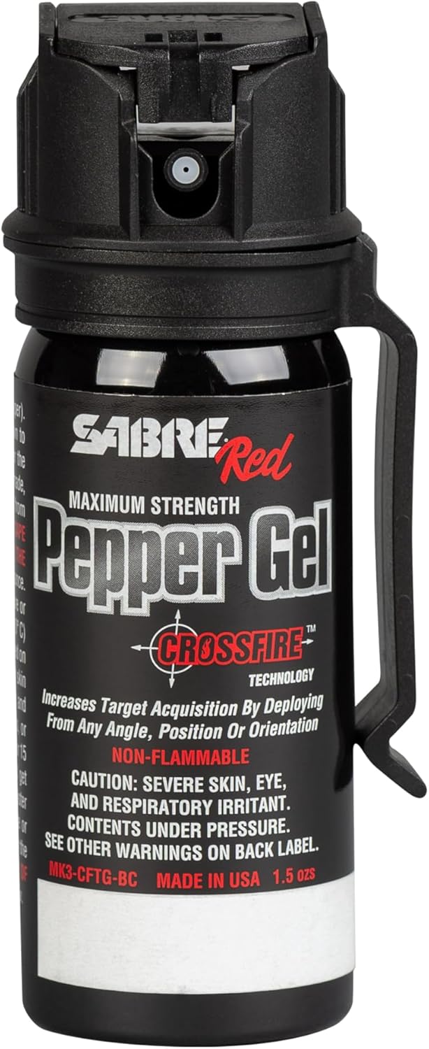 SABRE Crossfire Pepper Gel - Max Police Strength OC | Deploys At Any Angle, 1.5 fl oz with Belt Clip