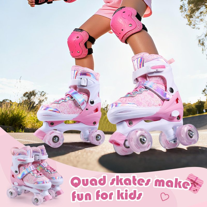 Huanovix Kids Roller Skates, 4-Size Adjustable RollerSkates with Light Up Wheels, Indoor Outdoor Illuminated Skates for Girls Boys Toddlers Youth Adult (Pink, M(US 13C-3/7.5-8.5 in))