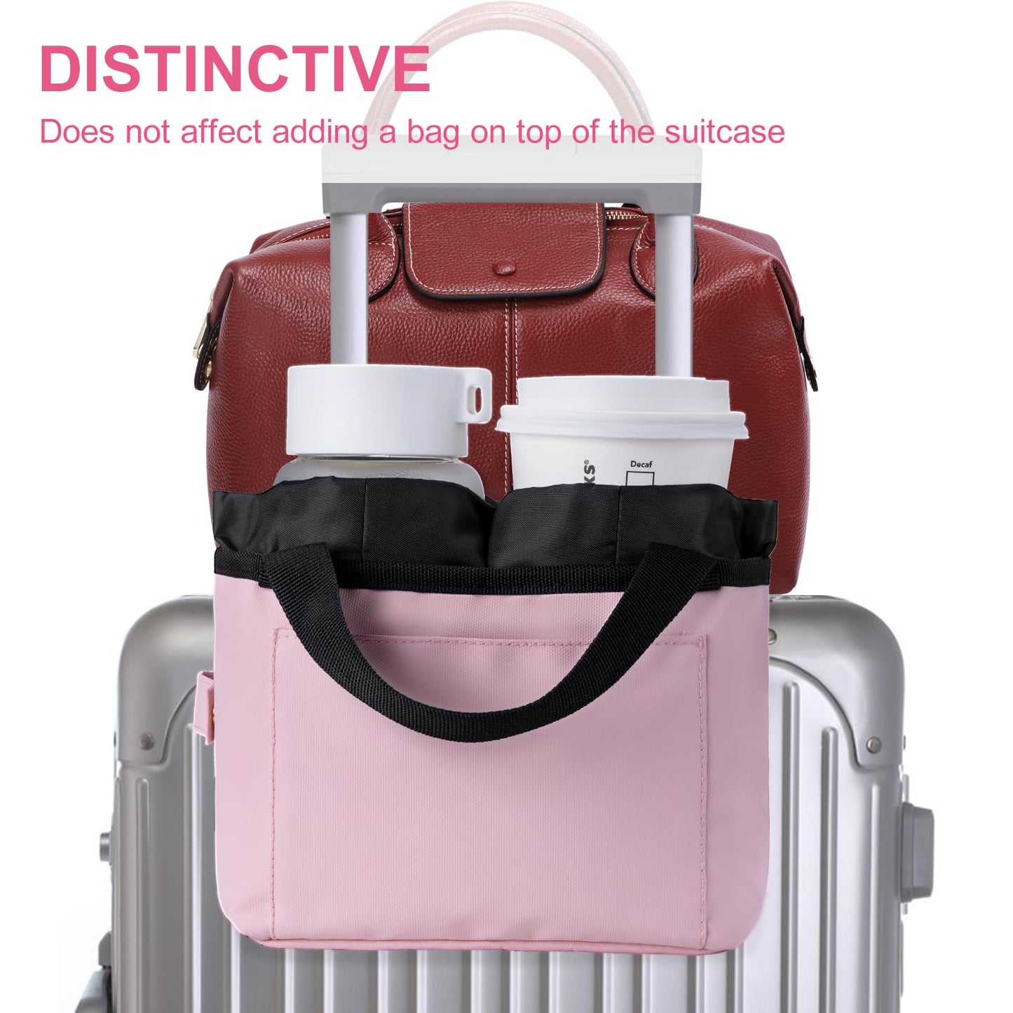 WIROTA Luggage Cup Holder - Multifunctional Travel Caddy - Fits Suitcase Handles, Also, as a Stroller & Automotive Cup Holder - Pink