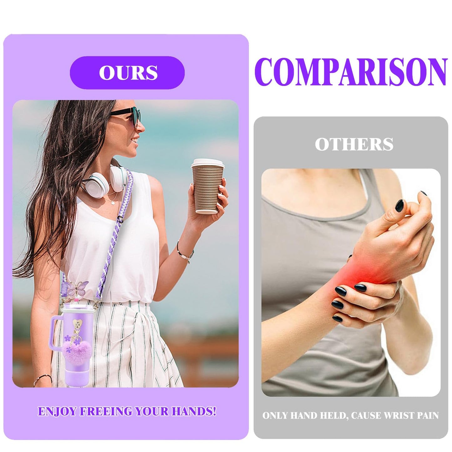 8PCS Stanley Cup Accessories Set, Adjustable Water Bottle Shoulder & Handle Strap, Glitter Protective Boot, Heart Shape Pompom Ball,Straw Topper Cover & Charms for Stanley 30oz 40oz Tumbler (Purple)