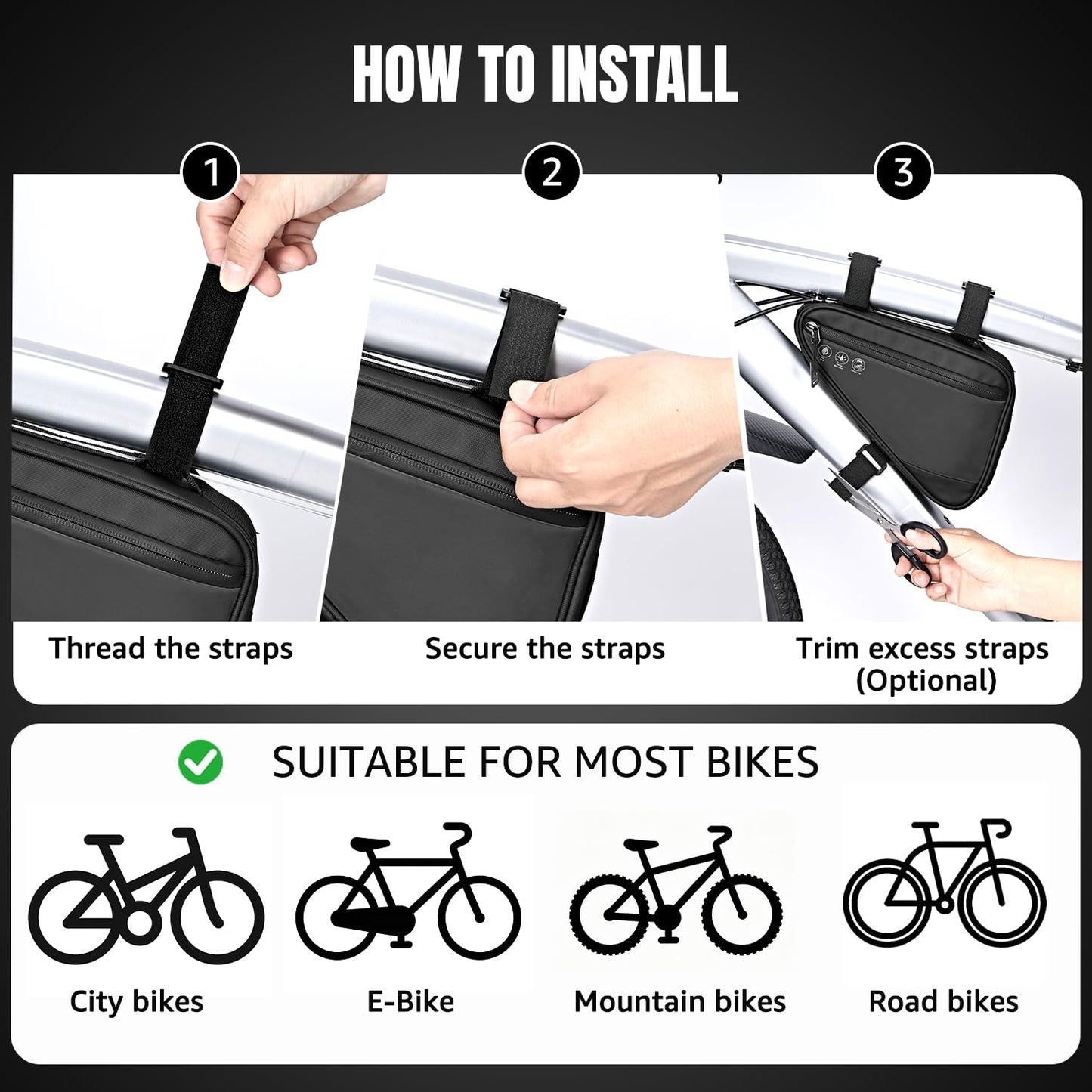 WOTOW Bike Frame Storage Bag, Water Resistant Reflective Bicycle Triangle Bag with Two Side Pockets, Strap-On Under Seat Tool Accessories Pouch for Mountain Road Bike Trip (2L)