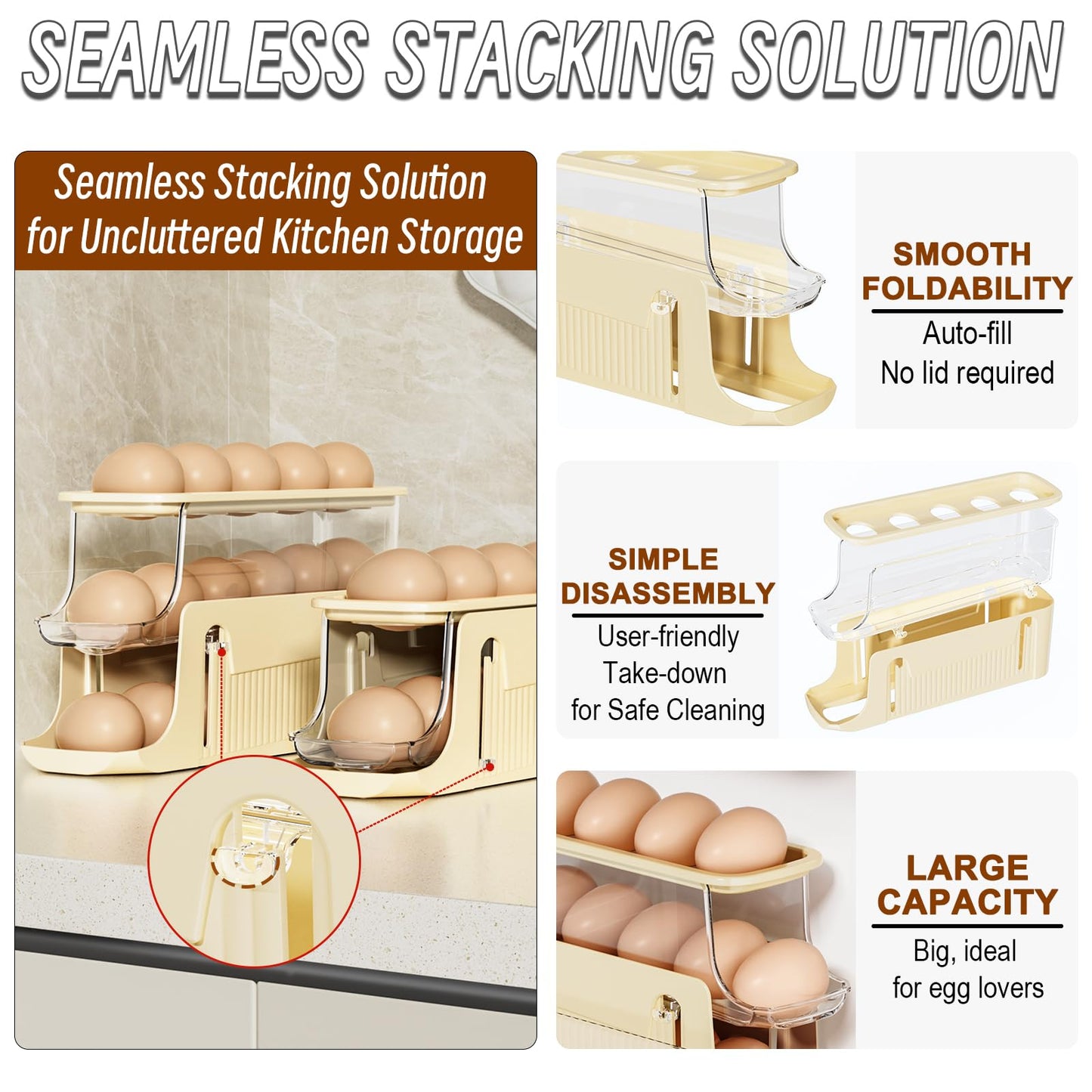 2 Pack Egg Holder for Fridge - Auto Rolling 30 Egg Capacity Dispenser for Refrigerator Storage, Space Saving Efficient Design for Egg Organizer Container, Large Capacity for Kitchen Countertop Use