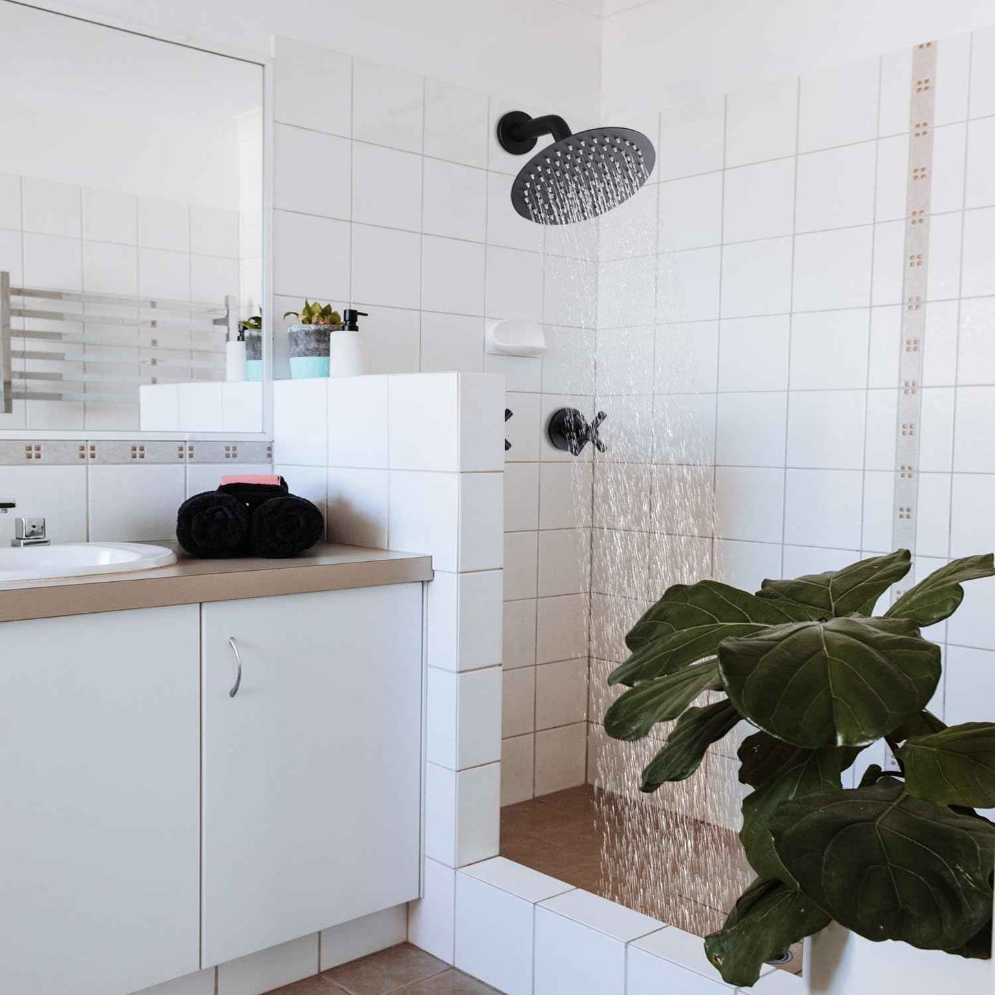 FSCEPIXI 2 Handles Shower Faucet Set,Two Handle Shower with 8'' Rainfall Shower Head Combo Set,Single Function Shower Trim Kit with Rough-in Valve,Wall Mount,Matte Black