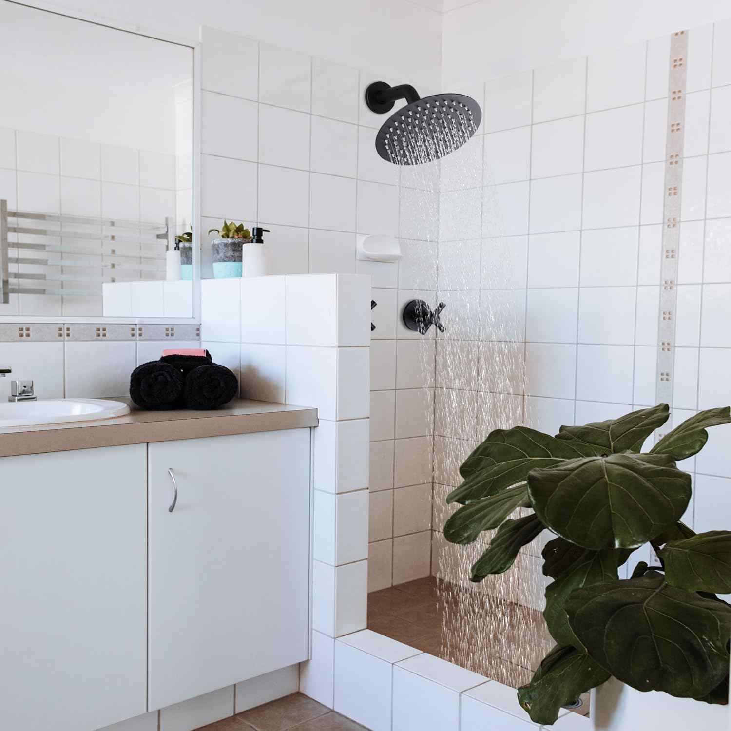 FSCEPIXI 2 Handles Shower Faucet Set,Two Handle Shower with 8'' Rainfall Shower Head Combo Set,Single Function Shower Trim Kit with Rough-in Valve,Wall Mount,Matte Black