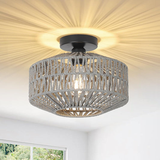 Boho Rattan Chandelier Ceiling Light Fixture with Dimmable LED Bulb - Hand Woven Flush Mount for Hallway, Bedroom, Kitchen & Living Room