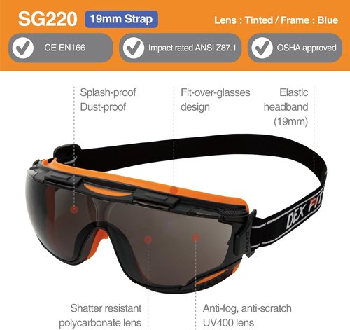 DEX FIT Safety Goggles - Wide-Vision Lab & Chemical Splash Protection | Anti-Fog, Scratch Resistant, Black/Orange, Smoke Lens
