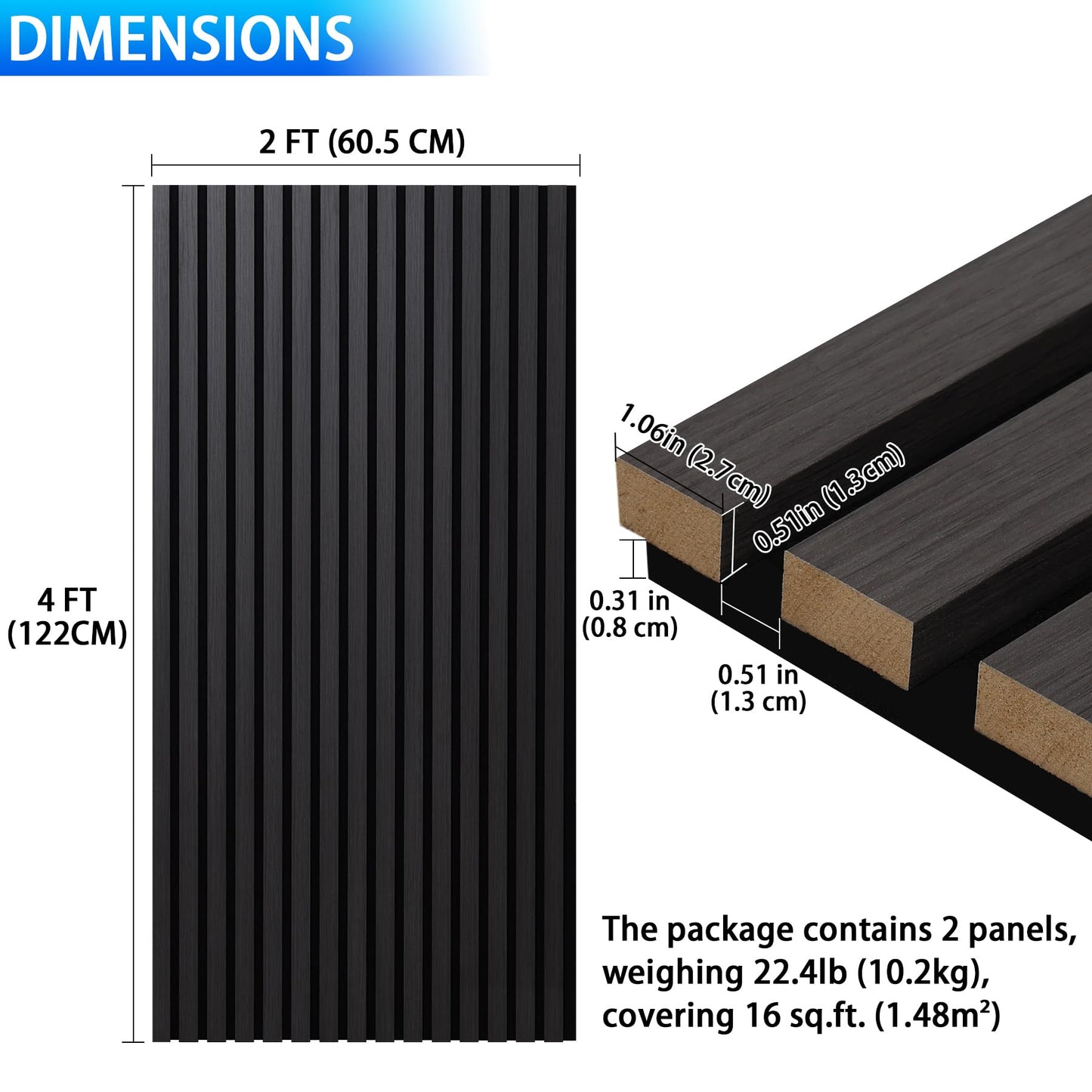 Taaizau 3D Slat Acoustic Wall Panels with Wood Finish Accent, 2 Pack Sound Absorbing Paneling for Studio, Office, Living Room, Bedroom Interior Decor (Matte Black, 48''L x 24''W)