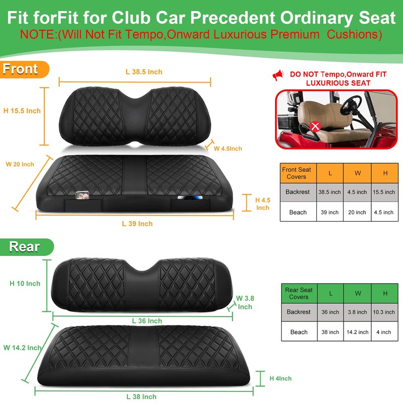 LEAPGOMAX 4PCS Golf Cart Seat Covers Front and Rear Set Fit for Club Car Precedent OEM Standard Seat Seat Thick Leather Custom Diamond Comfortable, Anti-Scratch, No Staples Black