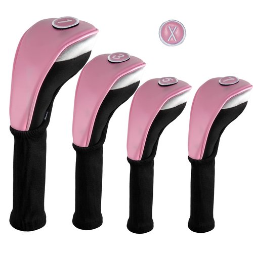 Andux 4pcs/Set PU Golf Wood Club Head Covers 460cc Driver Covers with Long Neck Pink