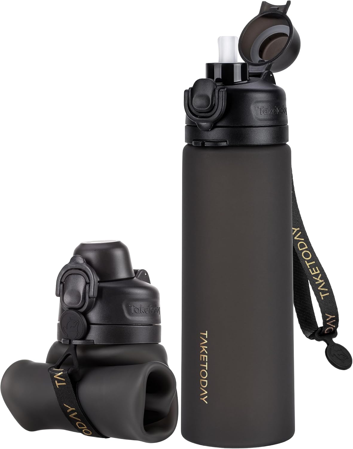 TakeToday Collapsible Water Bottle - 21oz Foldable Platinum Silicone with Straw & Carry Strap | BPA-Free, Leak-Resistant