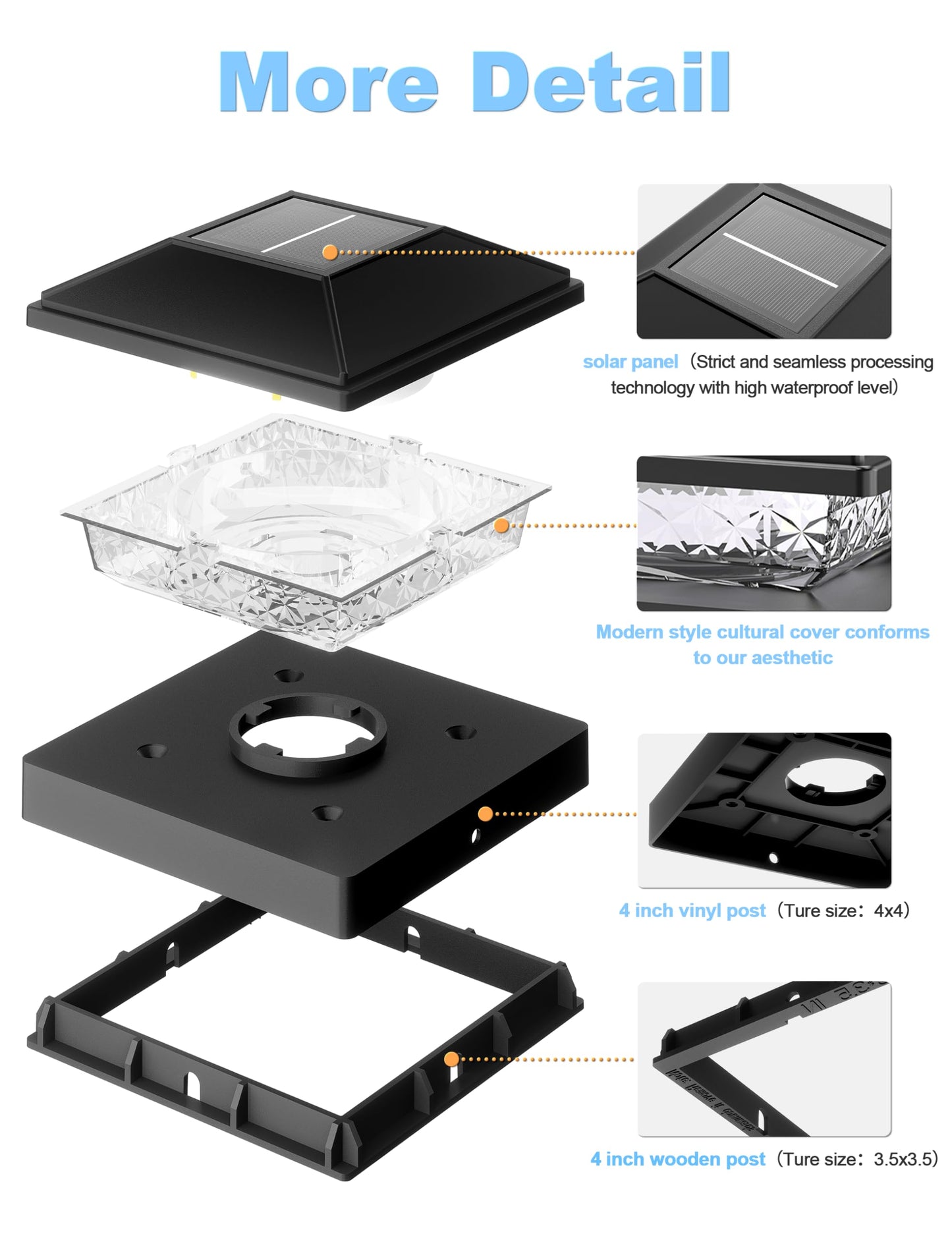VOLISUN 4x4 Solar Fence - Post Cap Lights 16pack Outdoor Waterproof, Black Deck Post Cap Light with Warm White,for 4x4 Wooden/4x4 Vinyl