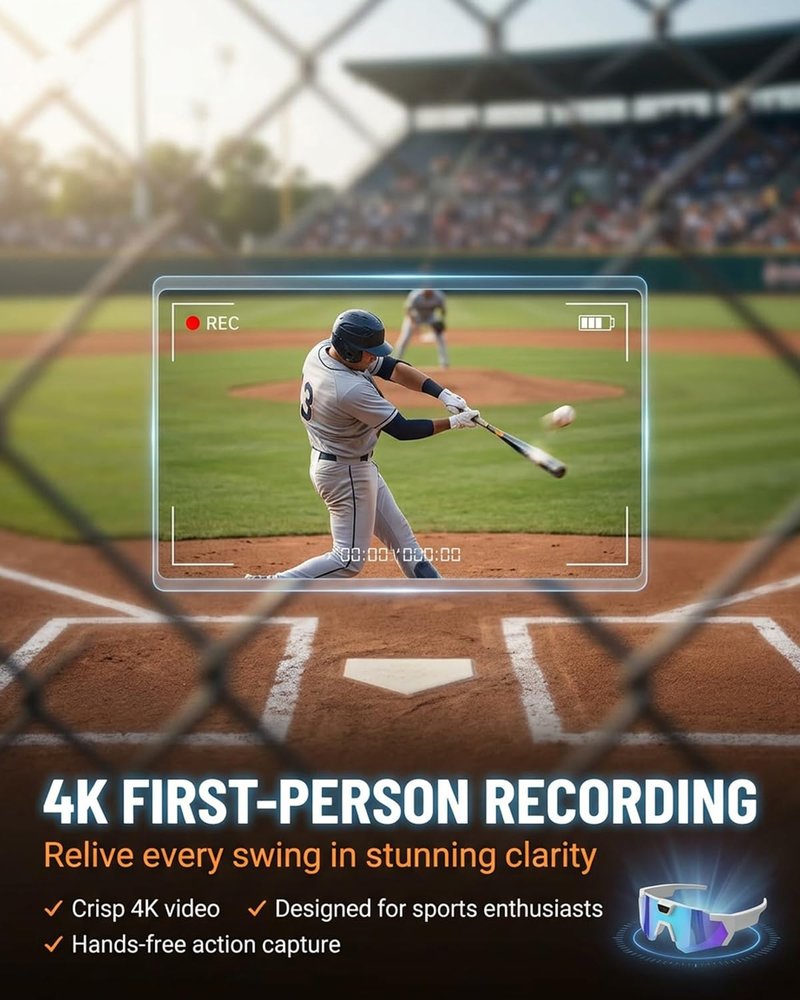 Pov Glasses 4k Baseball with Camera Smart Glass for Men Women Sunglasses Cameras and Audio Video Action 2026 Upgrade Eyeglasses Running Style Meets Function Sports Cycling Hiking HD(Changing)